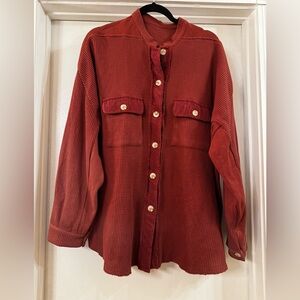 Chouyatou Women's Rust Red Button-Front Waffle Knit Shirt XXL